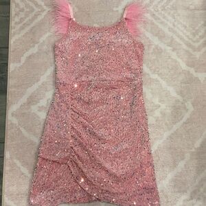 Zunie Pink Sequin Dress with Feather Detail Size 14